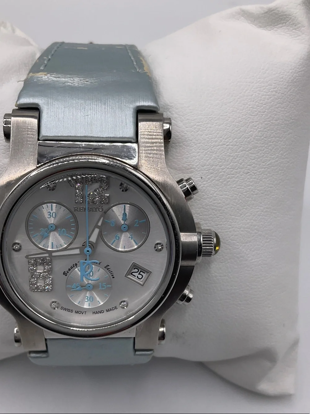 Women's Silver Chronograph Watch with Light Blue Strap, works needs battery-band